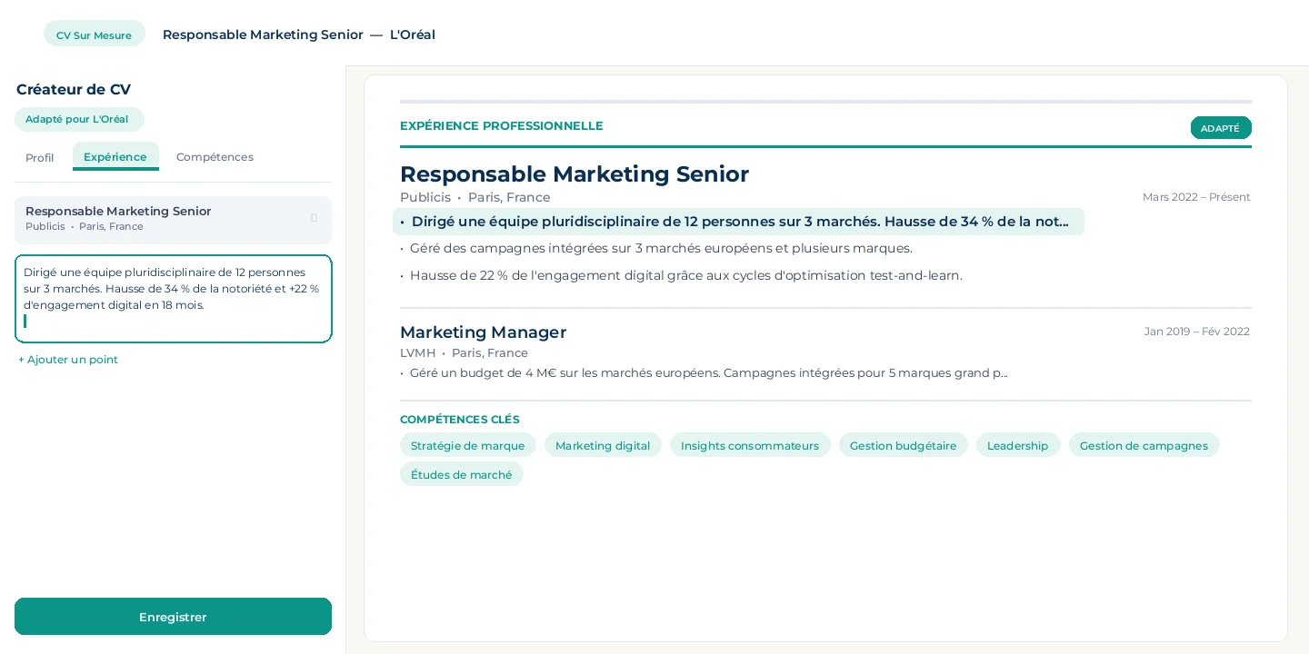 CV personnalisé généré par Personal Job Coach, adapté à une offre d'emploi spécifique