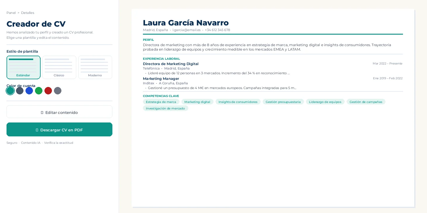 Creador de CV de Personal Job Coach con secciones estructuradas para experiencia, competencias y formación
