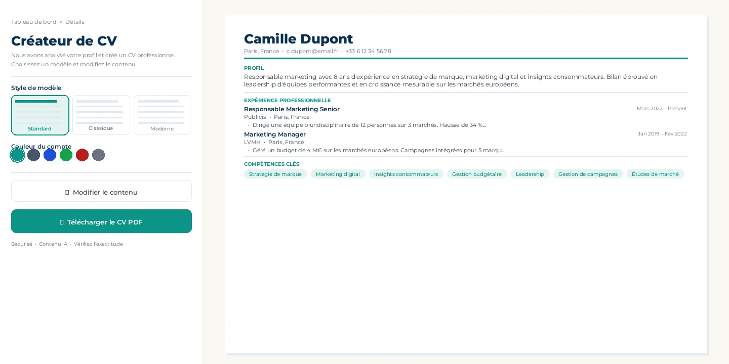 Profil LinkedIn importé et converti en CV formaté par Personal Job Coach