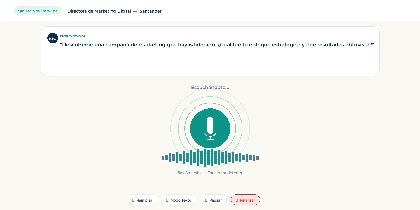 Simulacro de entrevista de Personal Job Coach con preguntas generadas por IA y retroalimentación de respuesta hablada